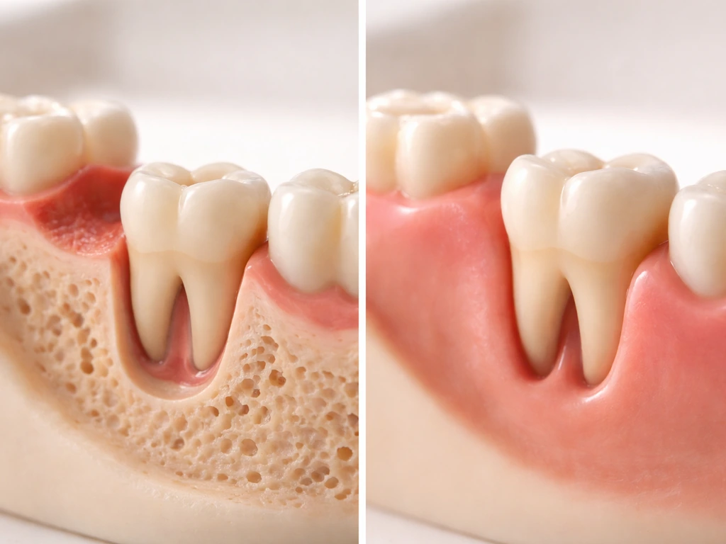 An anonymous jaw model showing molar formation inside bone versus eruption through gums.