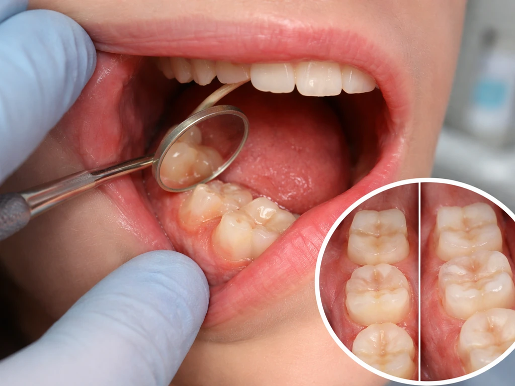 Close-up of back molars erupting in a dental exam, with a small inset showing possible spacing vs crowding.