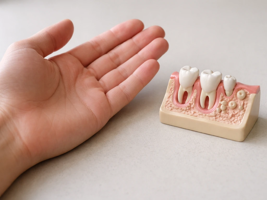 Open hand beside a non-graphic jaw cross-section indicating teeth form from jaw tissue, not in the hand.