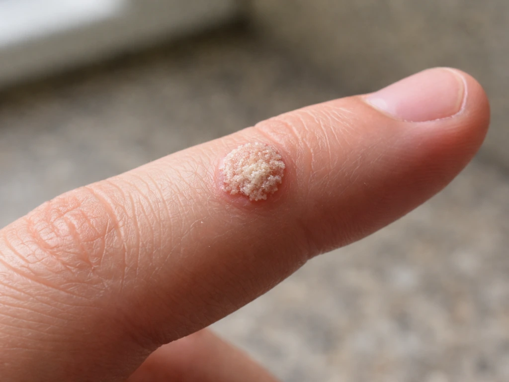 Close-up of a finger showing a rough bumpy, wart-like growth under natural light