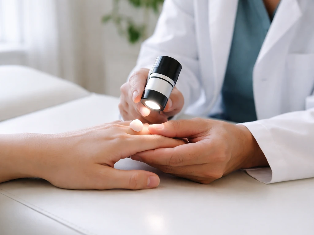 Clinician palpates and closely inspects a hard bump on a patient’s hand during an exam.