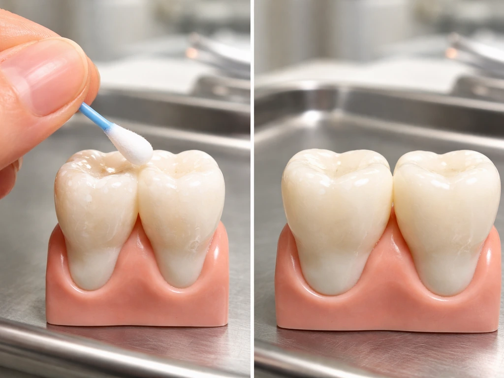 Close-up of early white-spot tooth enamel remineralization with a cotton applicator in a dentist setting.