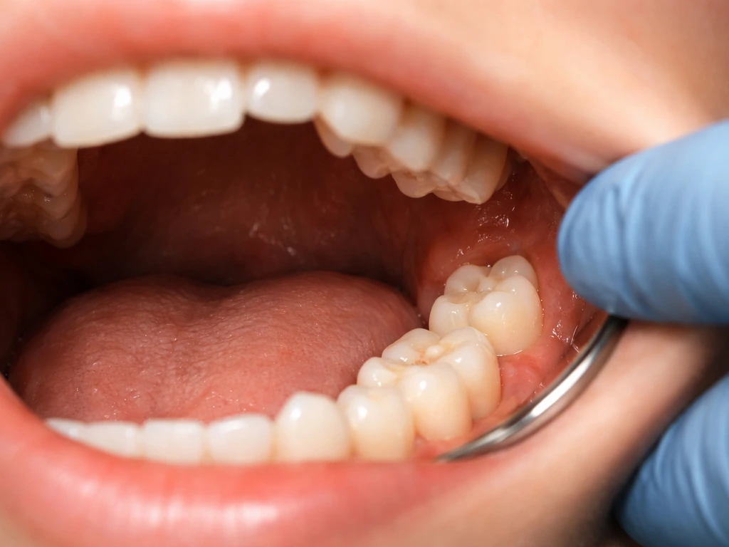 Close-up of wisdom tooth eruption at the back of the mouth with gum tissue visible.