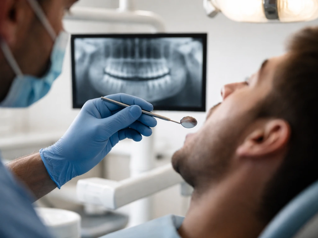 Dentist uses an intraoral mirror while a dental imaging scan glows on a nearby screen.