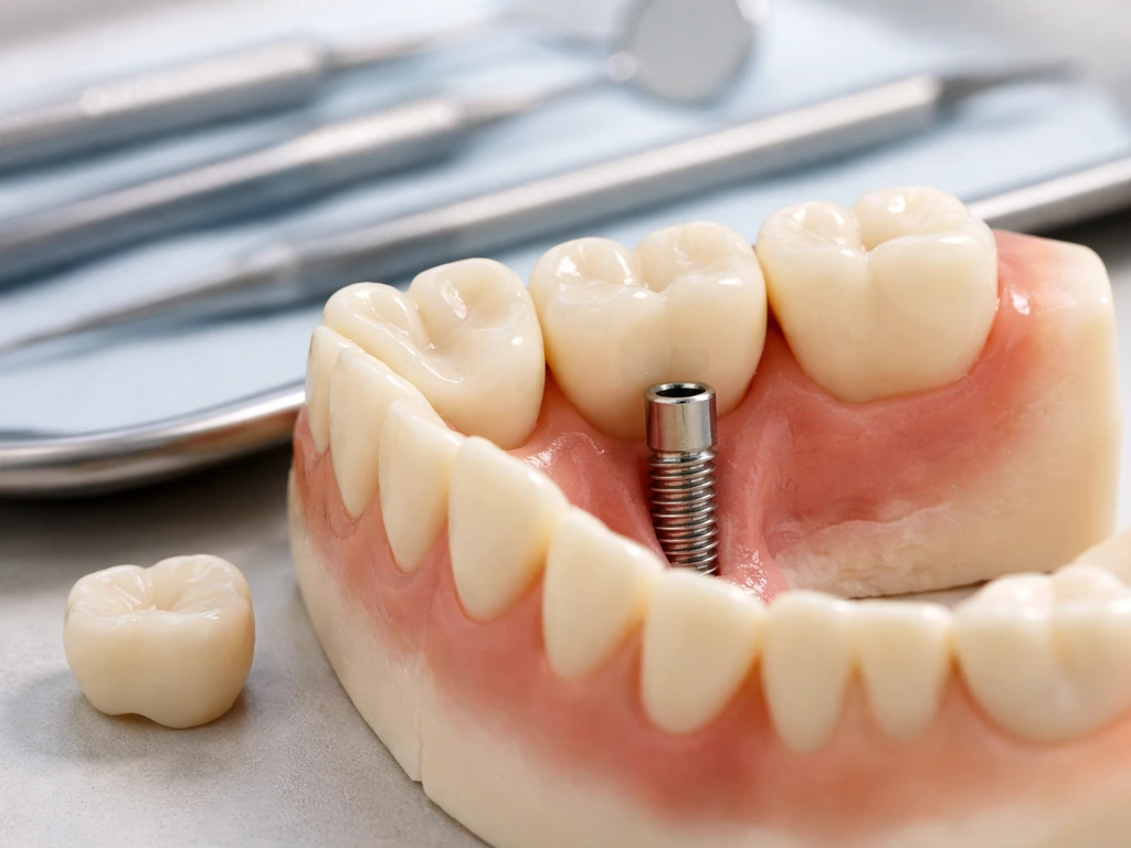 Close-up of a dental implant post in a jaw model with the crown piece on a sterile tray.