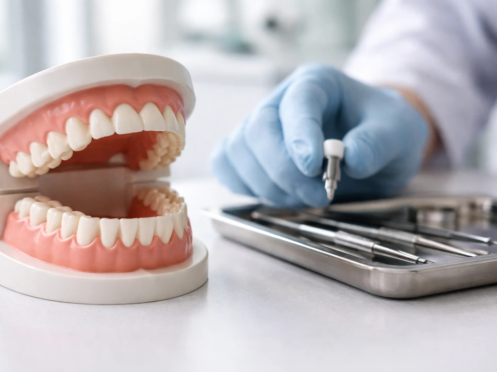Close-up of a dental mouth model and a clinician’s gloved hand holding an implant tool over a tray
