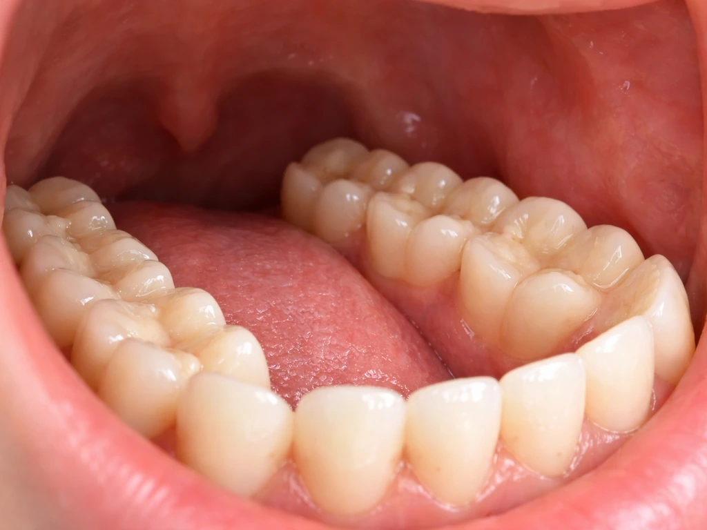 Close-up view of upper and lower molars in the back of the mouth behind premolars, showing chewing surfaces.