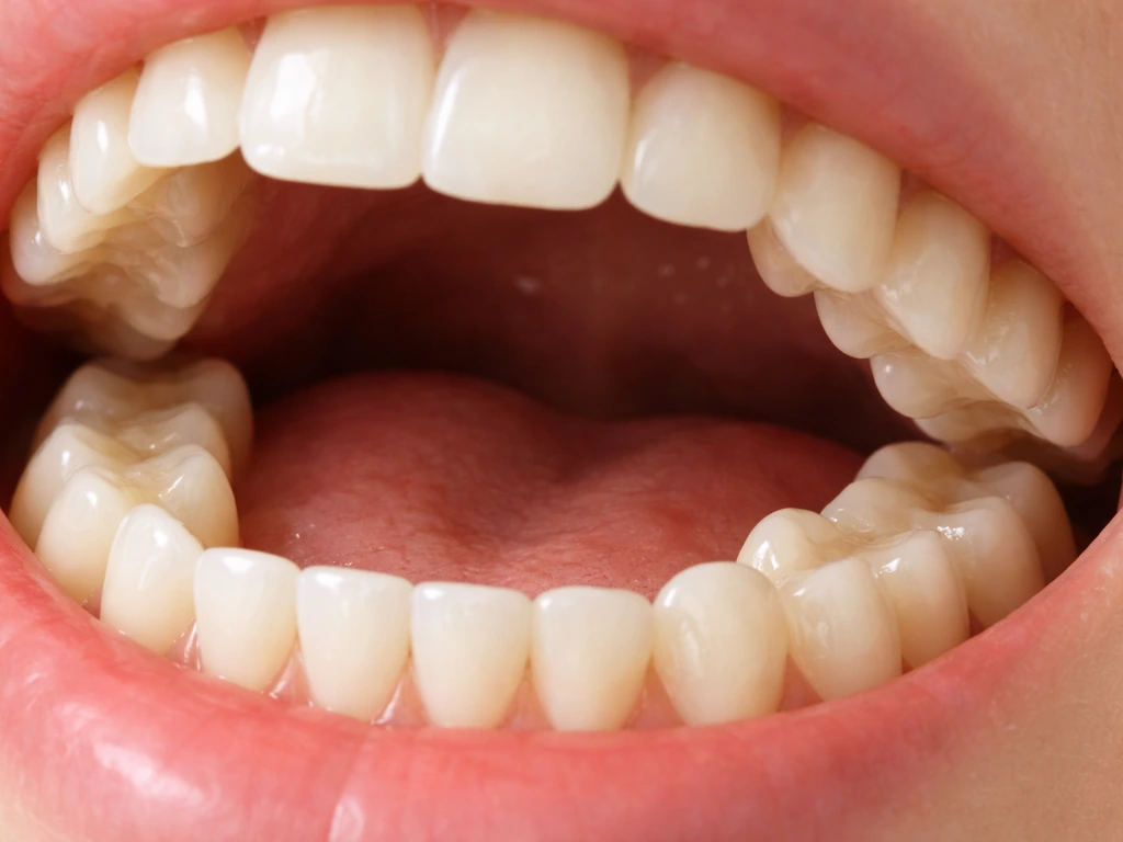 Close-up of upper back teeth showing molars grinding surfaces behind premolars in a simple oral view.