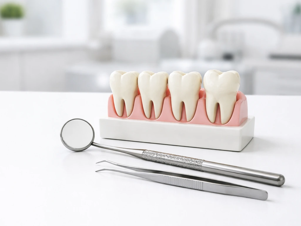 Close-up of a dentist workstation with a neatly arranged set of dental model teeth for a simple eruption timeline.