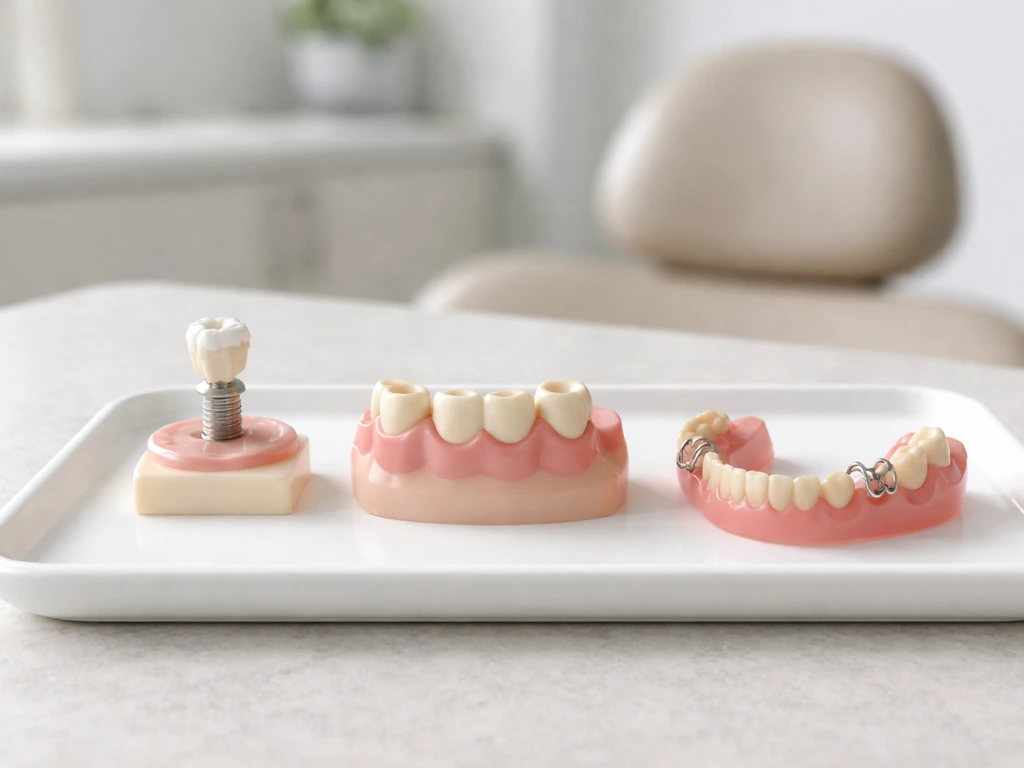 Minimal dental tray displaying an implant crown, bridge, and partial denture options in natural light.