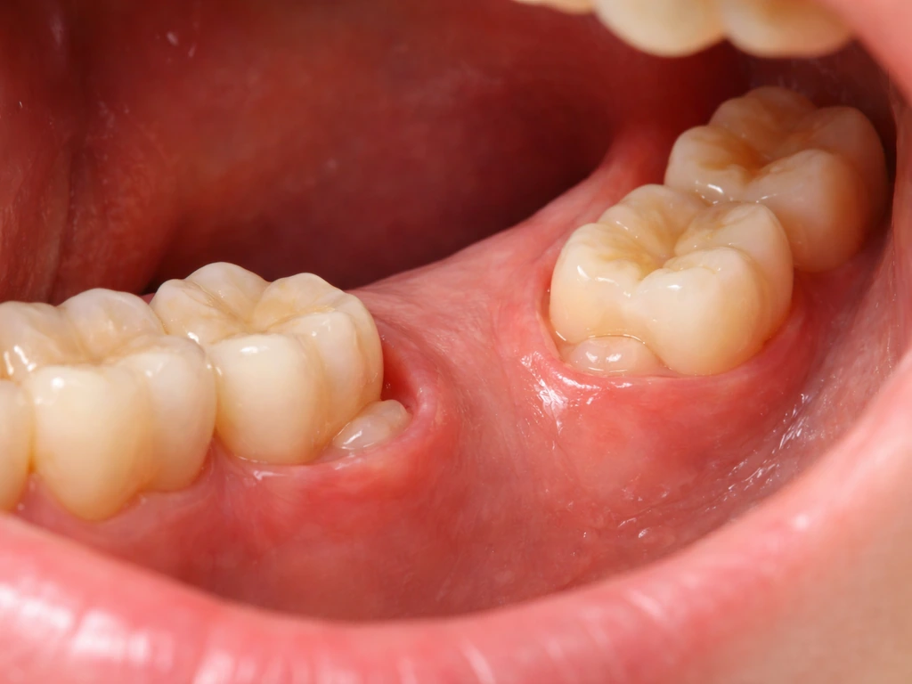 Close-up of lower back gums with two emerging wisdom-tooth areas behind the last molars.