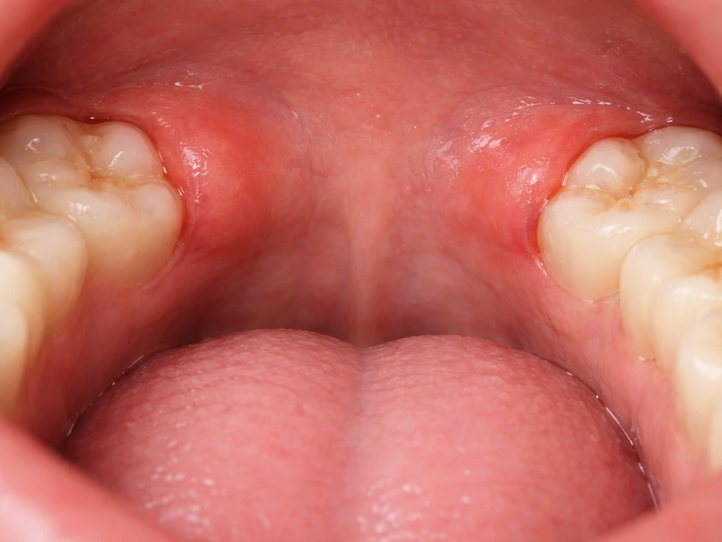 Close-up of gums showing wisdom-tooth eruption spots on both upper back sides.