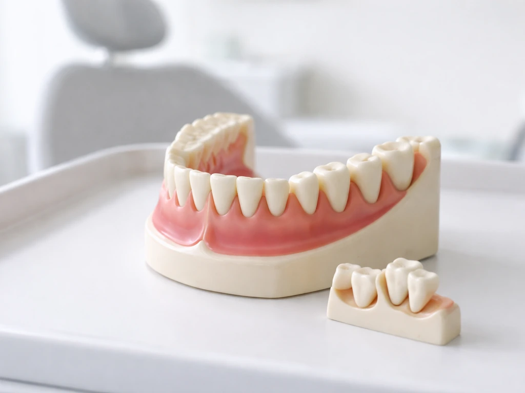 Anonymous dental clinic scene with a simple jaw-space metaphor using a model and two erupting tooth shapes
