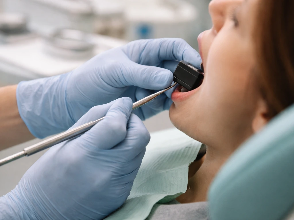 Clinician’s gloved hands performing a dental exam and placing an intraoral X-ray sensor.