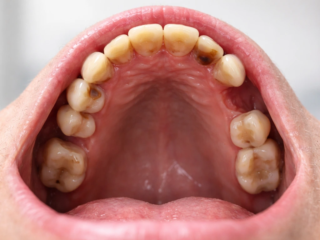 Close-up of an open mouth showing an age-related dental arch with realistic tooth loss and jaw detail.