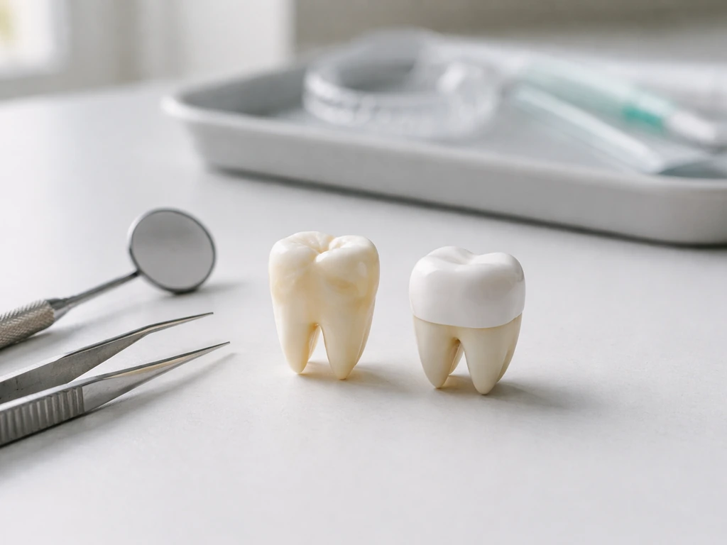 Minimal photo of a dentist’s desk with dental tools and a tooth model, symbolizing tooth regrowth limits.