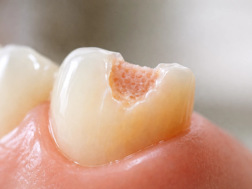 Macro close-up of chipped tooth enamel showing missing enamel layer and exposed inner structure.