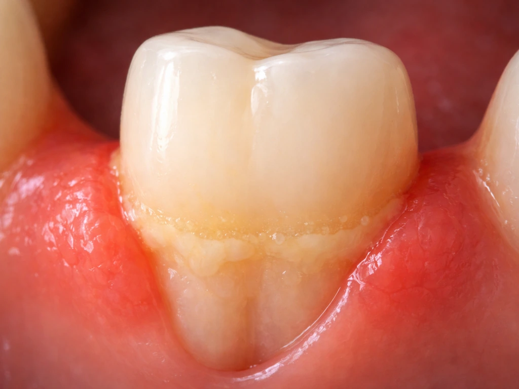 Close-up of a tooth with inflamed gums and pale plaque/biofilm near the gumline