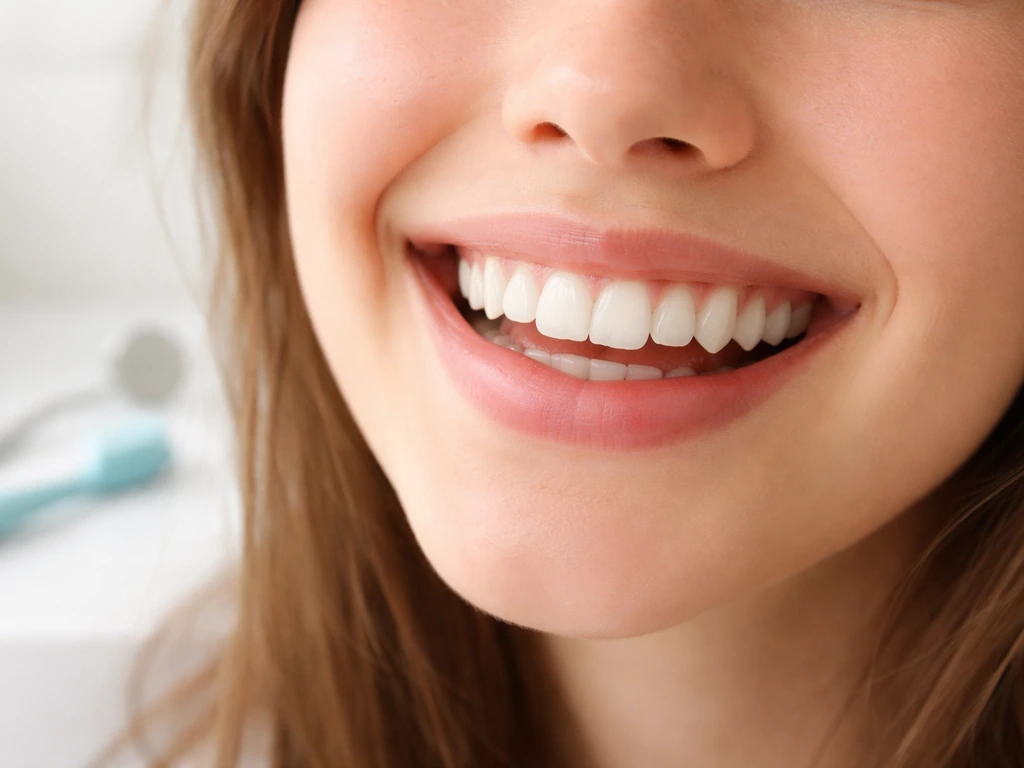Close-up of a young person’s smile with dental-care items blurred in the background, suggesting treatment options.