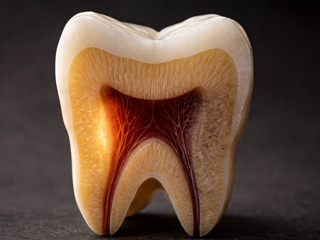 Macro tooth cross-section showing dentin under enamel with active vs impaired regeneration near the pulp.