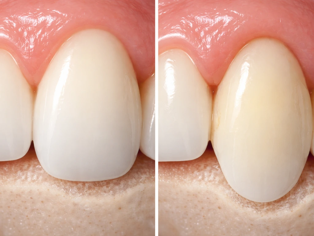 Macro view of a tooth showing healthy gum margin versus recessed gum with exposed root and ligament area.