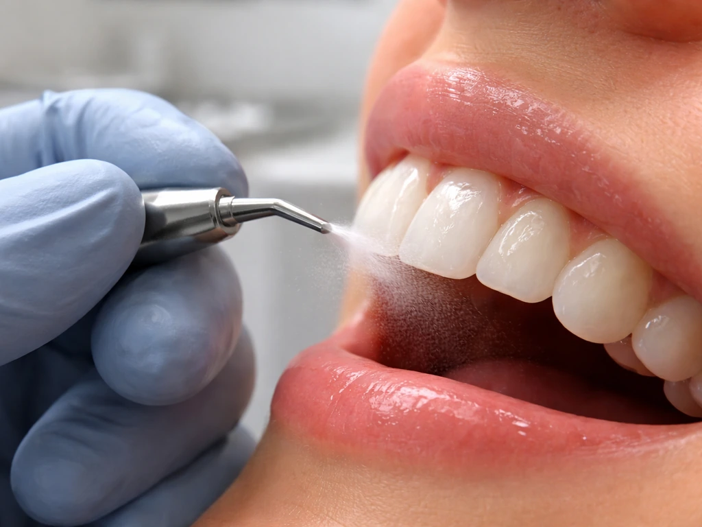 Closeup of a dentist’s gloved hand drying a tooth with a light, showing subtle white spot decay.