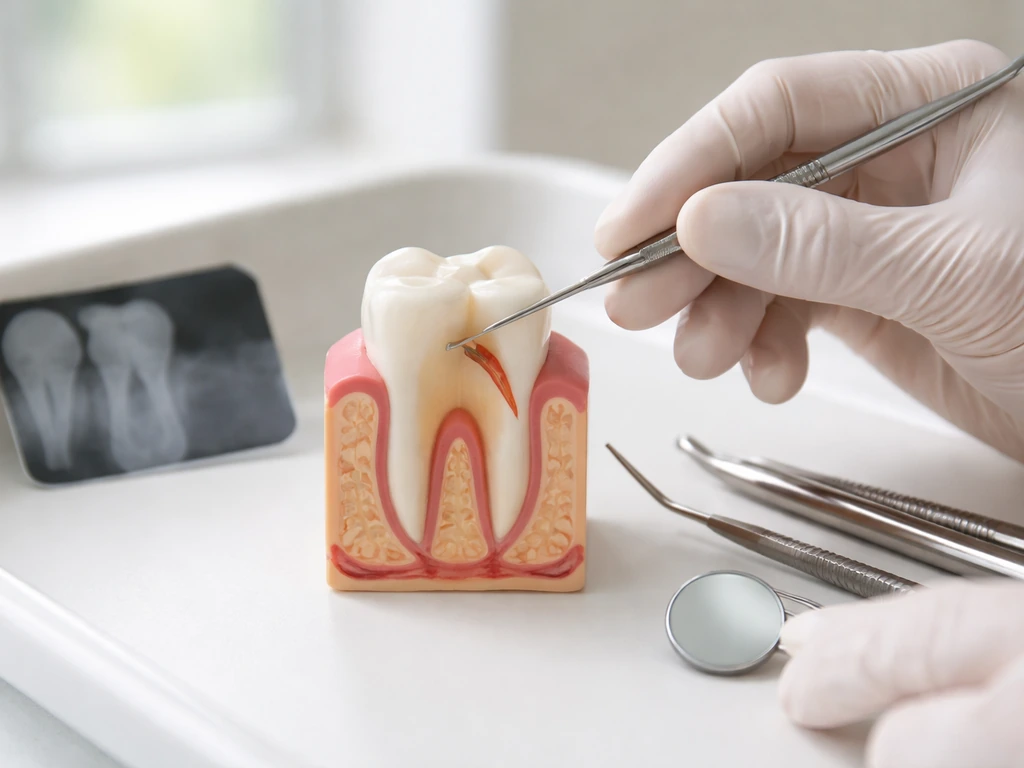 Dentist exam setup with a periodontal probe inspecting a suspected cavity depth on dental model.
