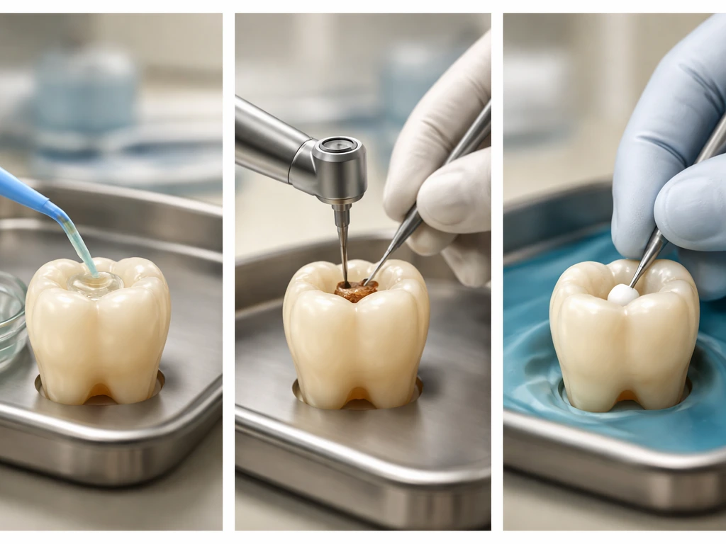 Three-panel close-ups of a tooth at early enamel, small cavity filling, and deeper restoration stages in a dental office
