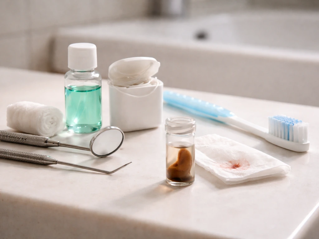 Bathroom counter with dental mirror and toothache-themed items suggesting when to call a dentist now.
