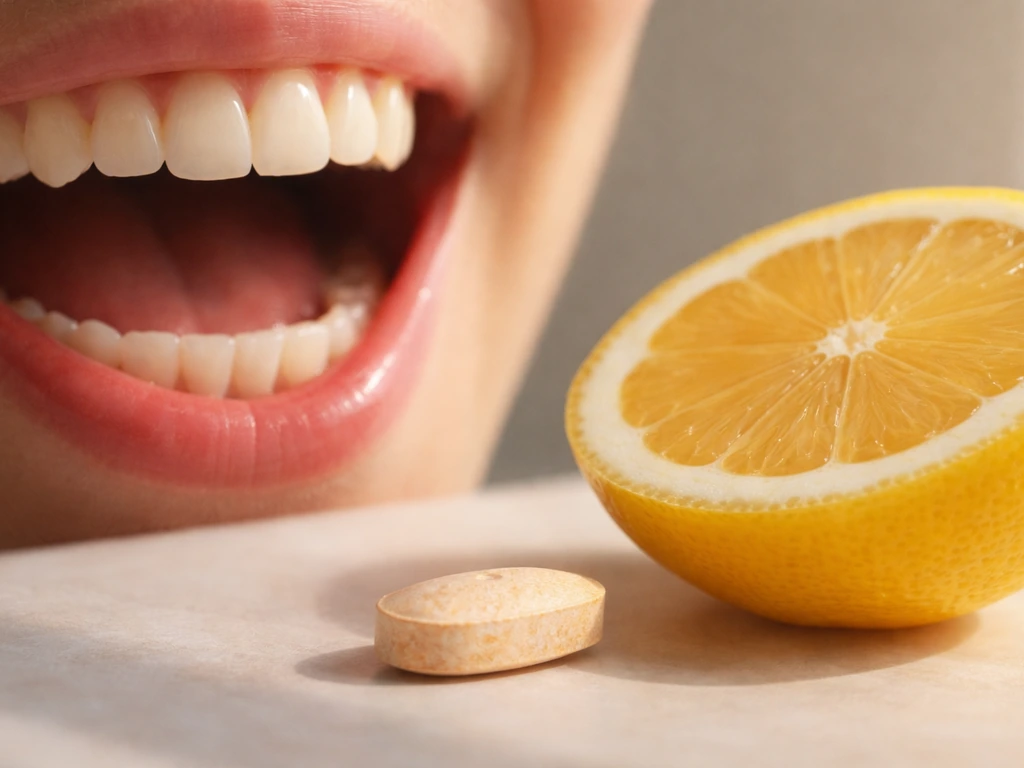 Close-up of healthy gums with a vitamin C tablet beside a lemon, suggesting gum healing support.