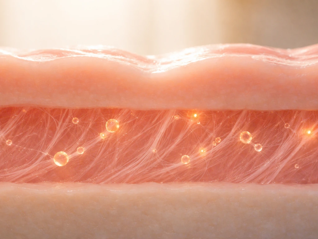 Close-up of gum tissue layers with glowing collagen fibers and small vitamin-C-like particles nearby.