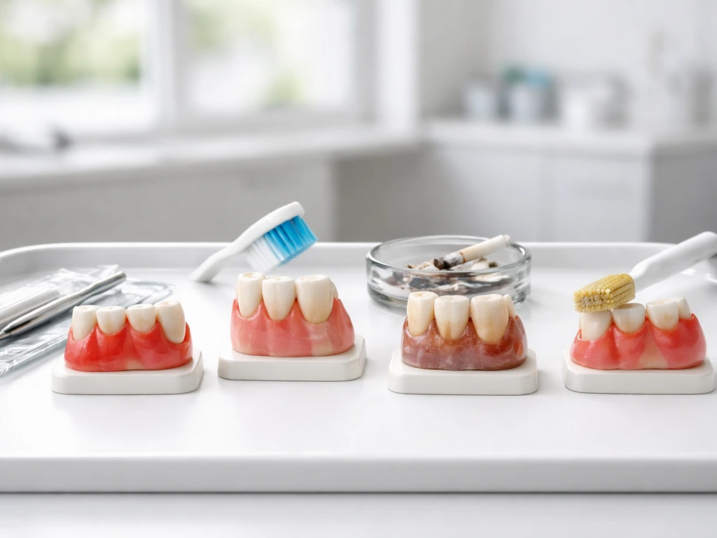 Dental clinic close-up showing four separate toothbrush-and-gum related scenes indicating common gum damage causes