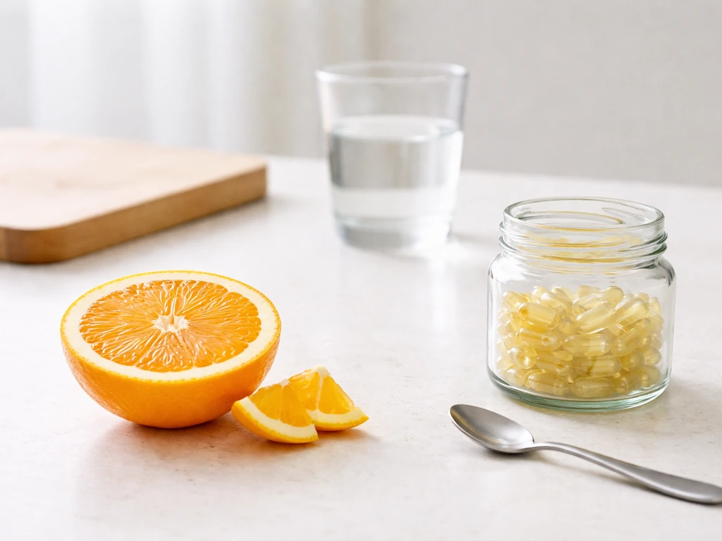 Minimal tabletop scene with cut citrus beside an unlabeled vitamin C capsule jar, suggesting food vs supplements.