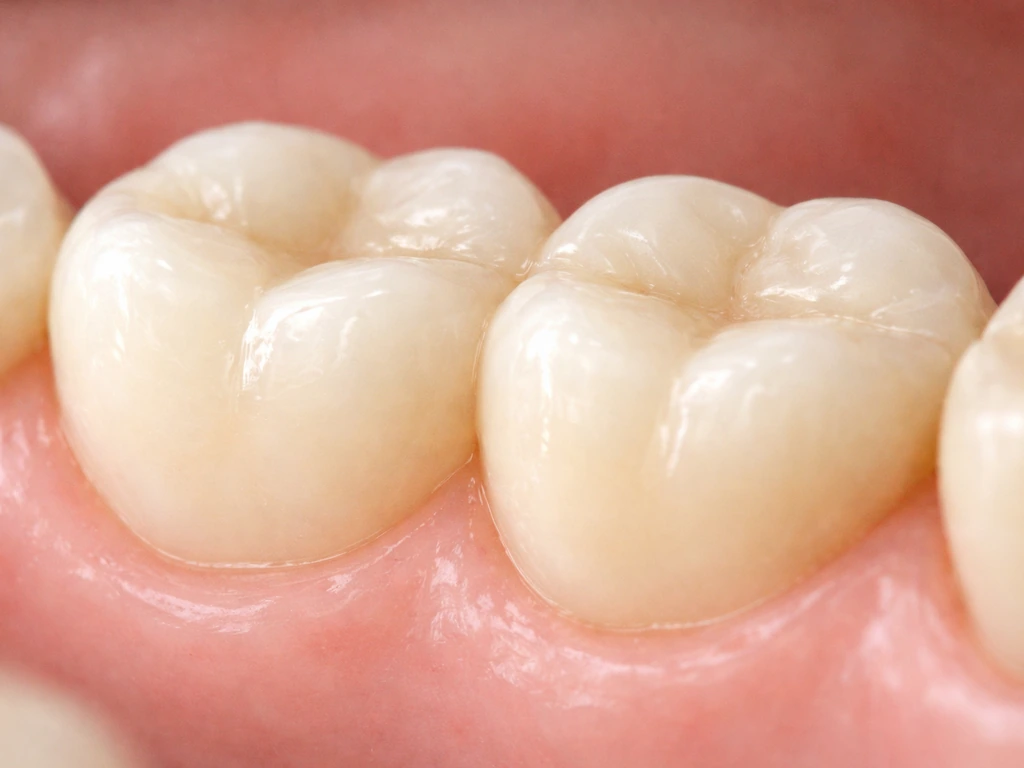 Close-up of two adjacent teeth with a subtly merged crown outline and faint groove suggesting fusion.