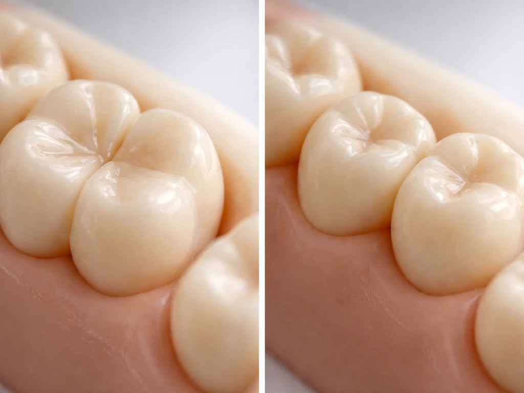 Macro view of a mannequin jaw showing one tooth with a central groove beside normal teeth.