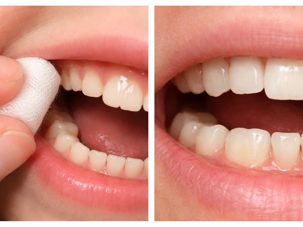 Split dental close-up: child tooth with vertical groove; adult tooth sitting lower than neighbors.