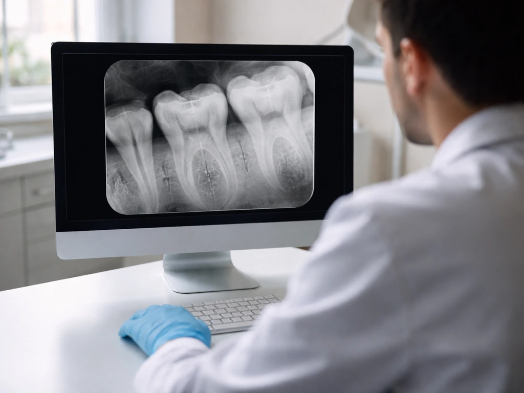 Anonymous dental specialist reviewing a periapical dental X-ray on a computer in a clinic.