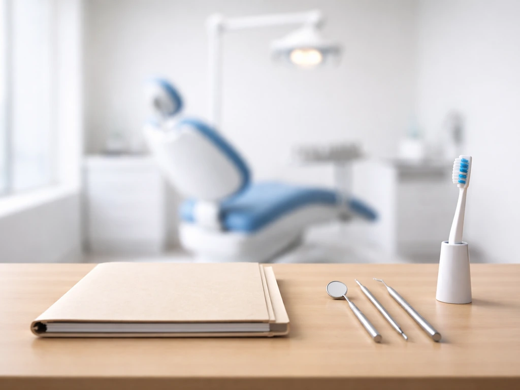 Dental clinic desk with a closed patient file, orthodontic tools, and a toothbrush—illustrating treatment options timeli
