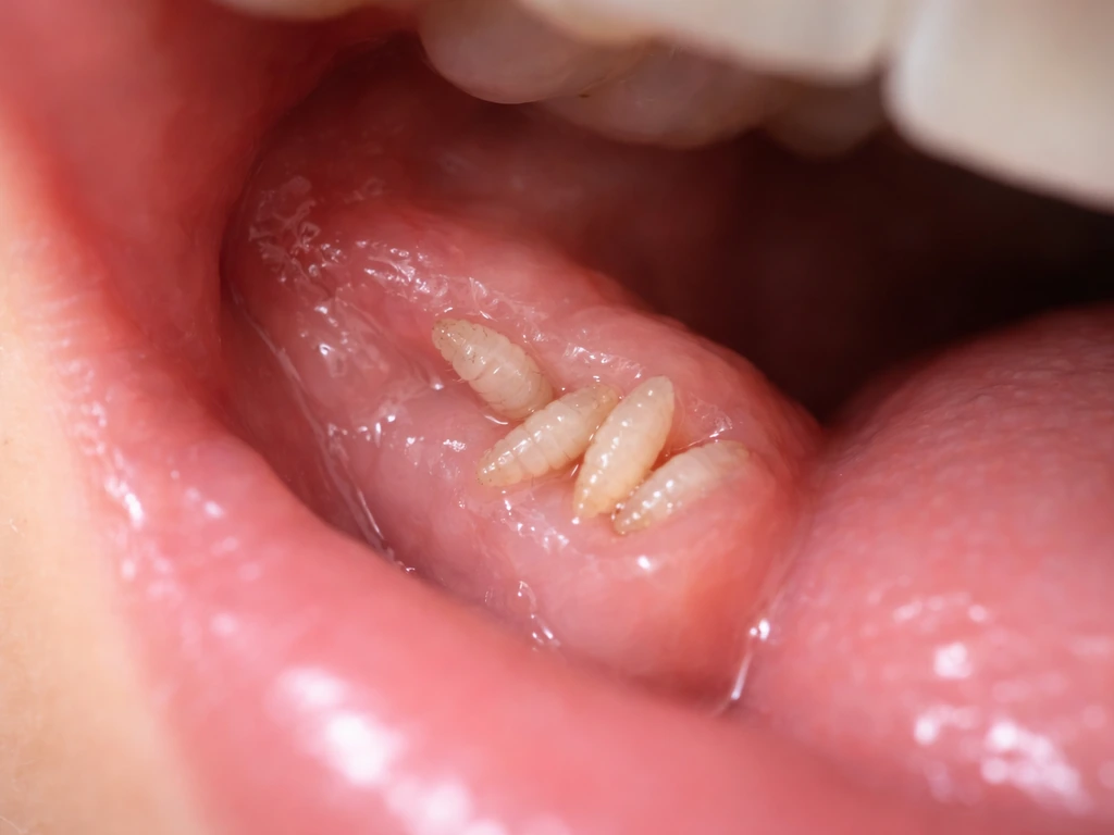 Close-up of gums and inner cheek with a few small fly larvae embedded, non-gory medical depiction.