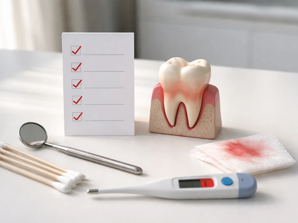 Minimal dental desk scene with a checklist of red checkmarks and dental tools suggesting urgent dental infection signs.