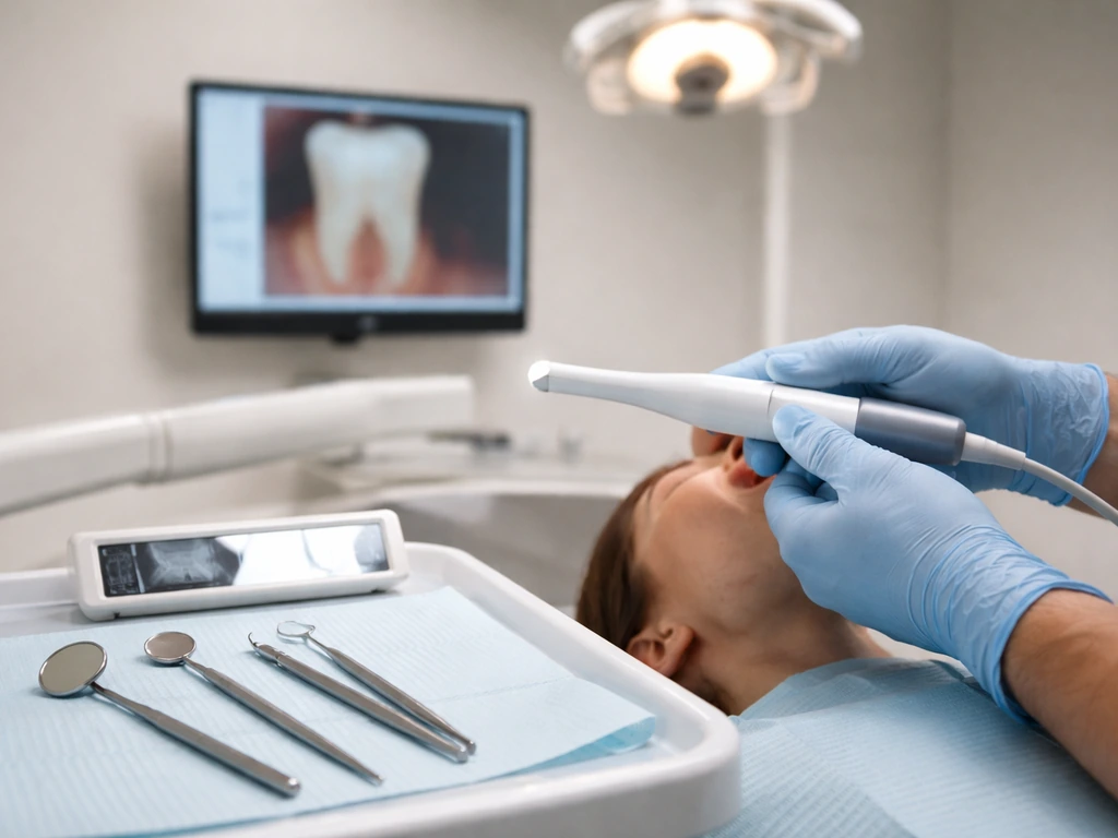 Gloved dental hands using an intraoral camera with clinical instruments and an out-of-focus tooth monitor in view