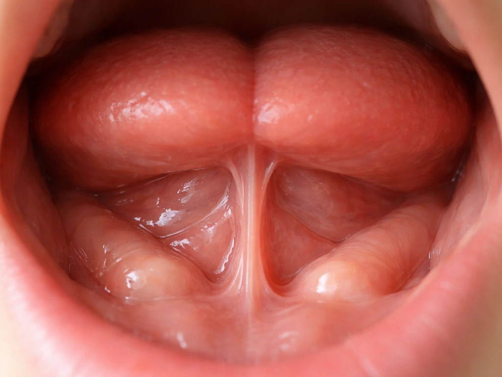 Close-up view of the underside of the tongue and floor of mouth anatomy showing normal oral tissue with no teeth growth.