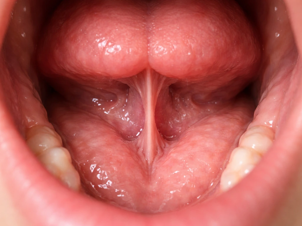 Close-up of the inside of a mouth showing soft tissue under the tongue and lingual frenum.