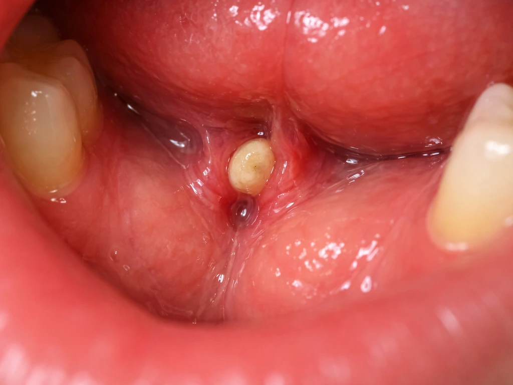 Close-up of a small salivary stone lodged under the tongue with slight swelling and saliva sheen