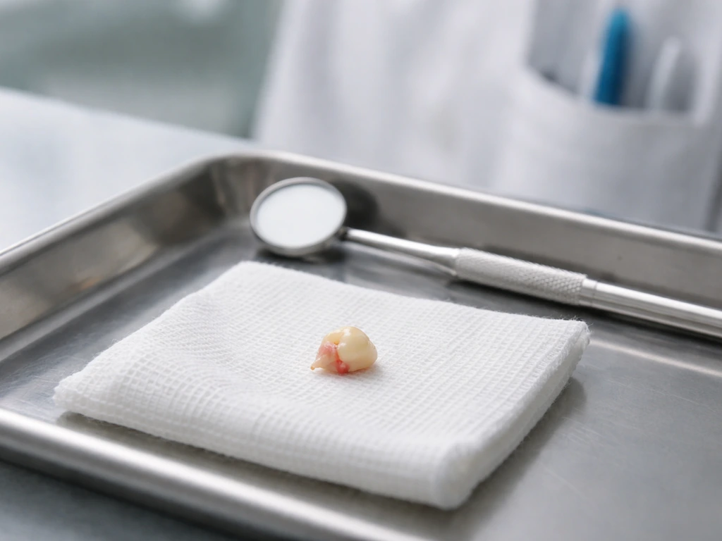 Close-up of a tooth-like object on sterile gauze in a dental clinic exam tray.