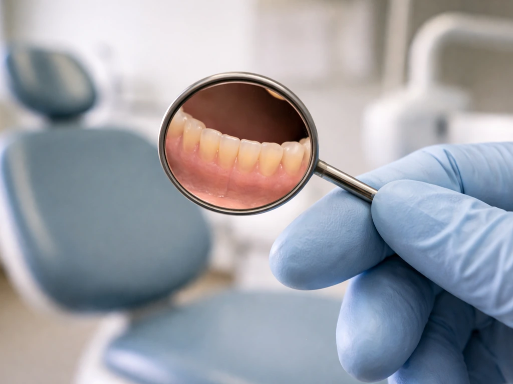 Dental clinician holds an intraoral mirror showing the lower jaw gumline and alveolar ridge area.