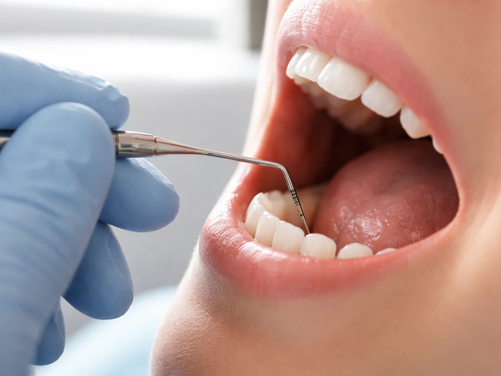 Gloved clinician measures gum pocket depth with a thin periodontal probe next to molars in a dental clinic.