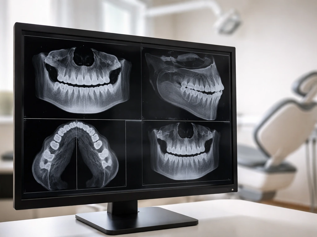 Dental clinic monitor displaying grayscale CBCT cross-sections of jaw and teeth