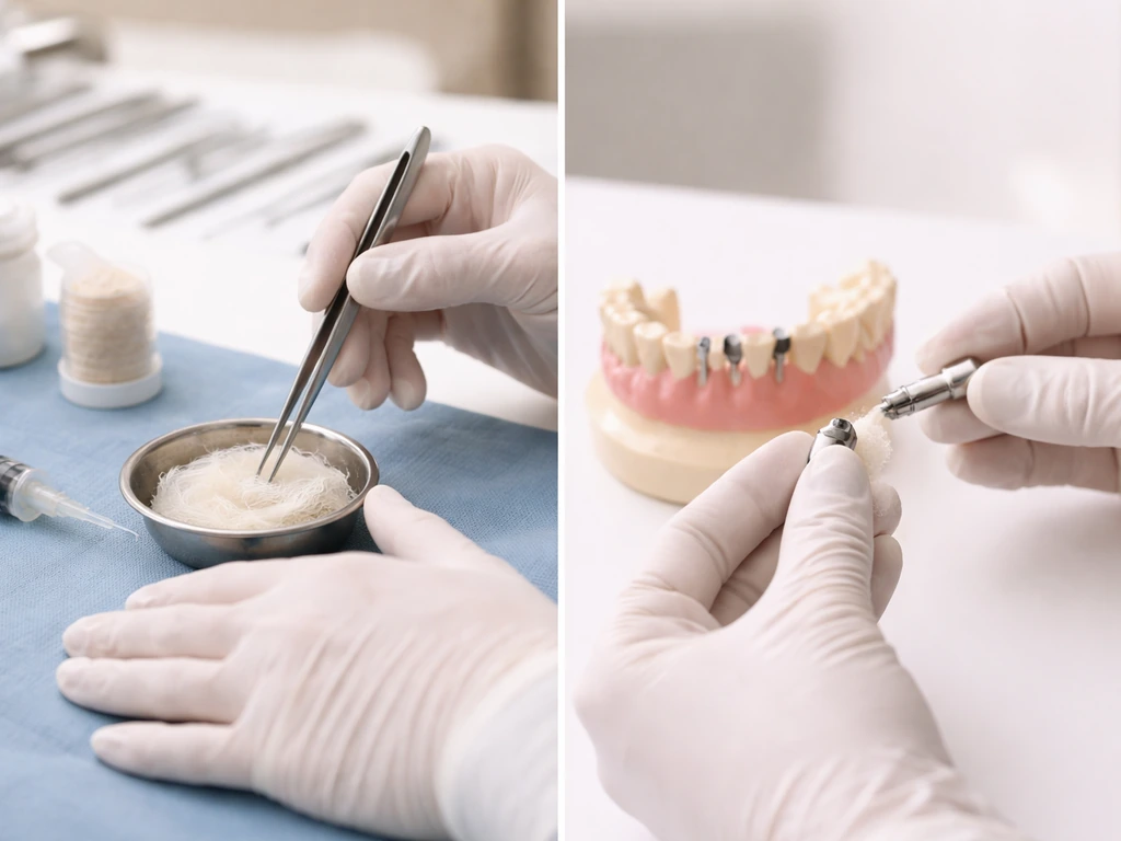 Split image of gloved clinician hands prepping periodontal GTR and holding implant/graft tools on a jaw model.