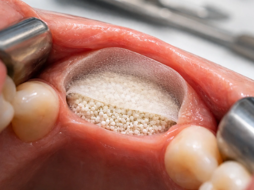 Clinical close-up of a tooth socket filled with graft material and covered by a protective membrane.